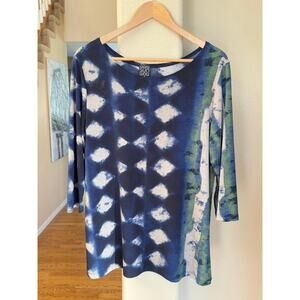 Clara Sun Woo Ikat Pattern Boat Neck 3/4 Sleeve Stretch Lagenlook Tunic Top Sz M